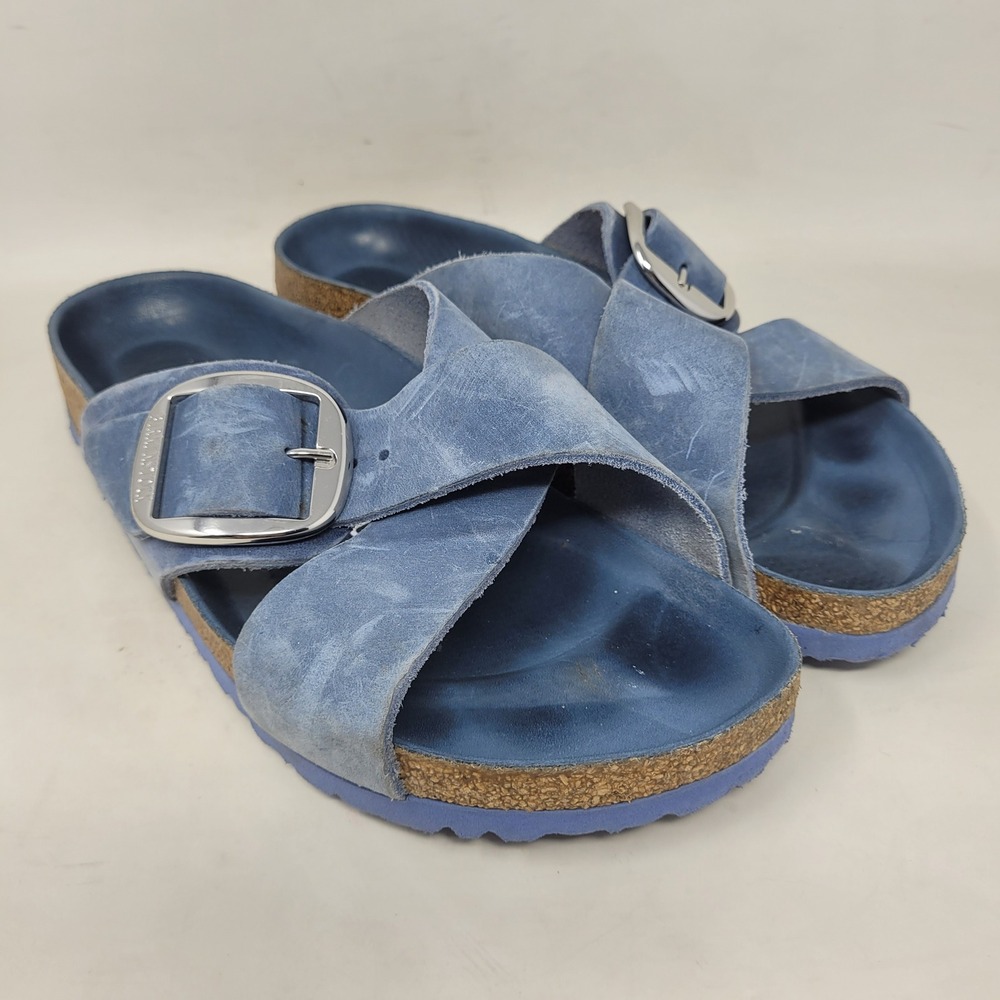 Birkenstock Sandals EU38 US7.5 Dusty Blue Suede Siena Big Buckle Slides Slip On